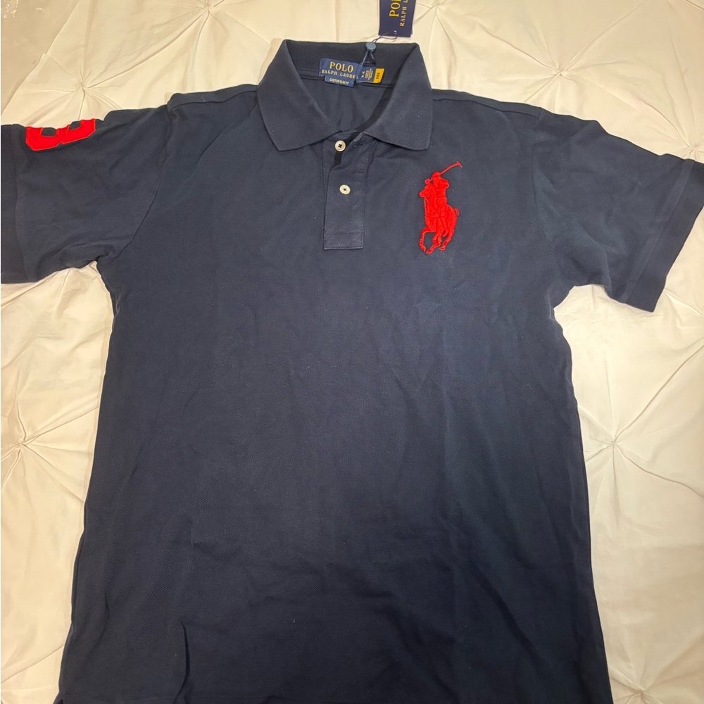 Polo by Ralph Lauren Men's Dark Blue Polo Shirt with Red Logo